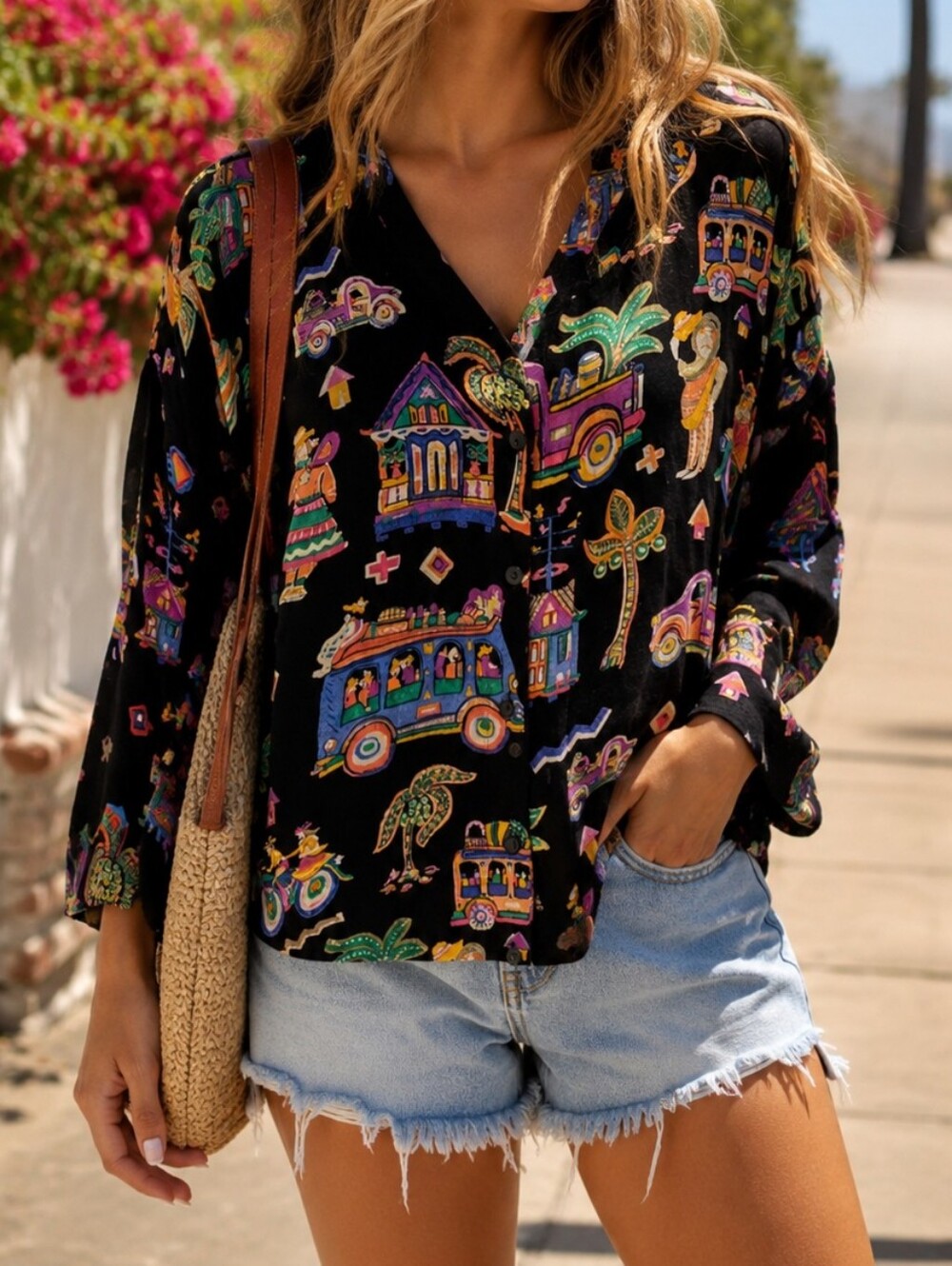 Primitive 100% Rayon Black Button-Up Blouse Colorful Tropical Village Print Boho